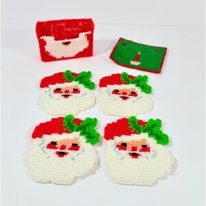 Handmade Santa Claus Coaster Set With Holder Plastic Canvas Christmas Decor Red